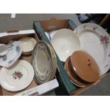 TWO TRAYS OF ASSORTED CHINA AND CERAMICS TO INCLUDE MINTON CABINET PLATES, WEDGWOOD ETC.