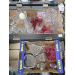 TWO TRAYS OF ASSORTED GLASSWARE TO INCLUDE CRANBERRY AND PINK GLASS, ANIMAL SHAPED PAPERWEIGHTS ETC.