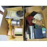 TWO LARGE BOXES OF ASSORTED HOUSEHOLD SUNDRIES TO INCLUDE BOXED SHOES, BOOKS ETC.