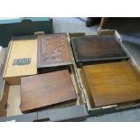 TWO TRAYS OF VINTAGE WOODEN BOXES TO INCLUDE AN INLAID JEWELLERY BOX, CUTLERY CANTEENS ETC.