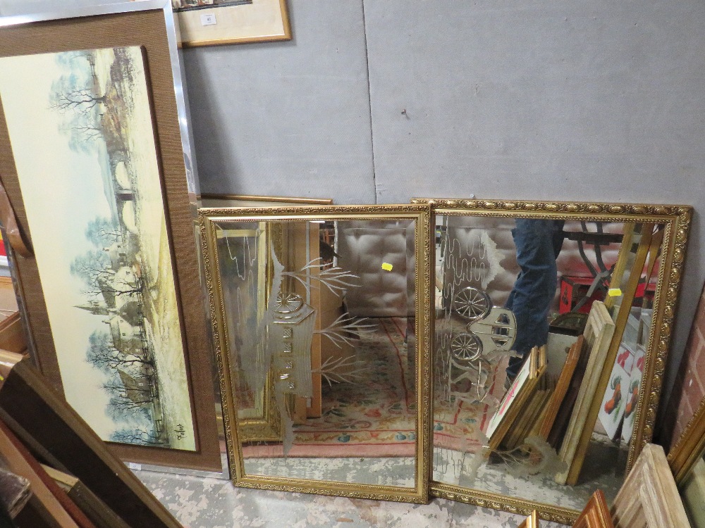 TWO GILT FRAMED ETCHED WALL MIRRORS DEPICTING A COACHING SCENE AND A WATERMILL, TOGETHER WITH A