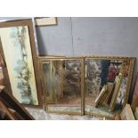 TWO GILT FRAMED ETCHED WALL MIRRORS DEPICTING A COACHING SCENE AND A WATERMILL, TOGETHER WITH A
