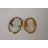 TWO CAMEO BROOCHES, one mounted in hallmarked 9 carat gold, the other in 750 stamped yellow metal, H