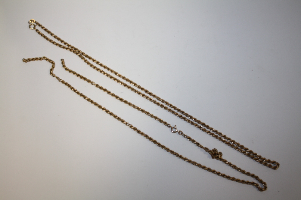 TWO 9 CARAT GOLD ROPE TWIST CHAINS, ONE A/F APPROX COMBINED WEIGHT 11.5G