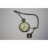 AN ANTIQUE SILVER CASED WALTHAM POCKET WATCH WITH SILVER ALBERT CHAIN AND FOB