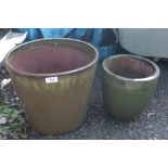 TWO GREEN GLAZED PLANT POTS