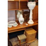 AN OAK GLAZED SMOKERS CABINET, SWING MIRROR, CERAMIC JARDINAIRE AND VASE, OAK MULTI-DRAWERS AND