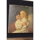 AN ANTIQUE UNFRAMED OIL ON CANVAS DEPICTING YOUNG CHILDREN
