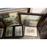 A COLLECTION OF PICTURES AND PRINTS TO INCLUDE A WATERCOLOUR OF A STREET SCENE