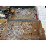 TWO TRAYS OF GLASSWARE TO INCLUDE DRINKING GLASSES, FRUIT BOWLS ETC.