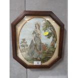 A MAHOGANY FRAMED AND GLAZED VINTAGE NEEDLEWORK OF A LADY CARRYING FLOWERS, INDISTINCT SIGNED