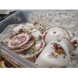 A PLASTIC BOX OF ROYAL ALBERT OLD COUNTRY ROSES CERAMICS TO INCLUDE A SMALL TEAPOT