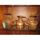 TWO VINTAGE COPPER KETTLES A/F TOGETHER WITH A GALLON JUG