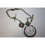 AN ANTIQUE SILVER ALBERT WATCH CHAIN & ANTIQUE SILVER POCKET WATCH