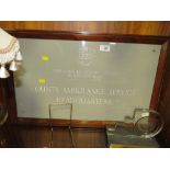 A MAHOGANY FRAMED STAFFORDSHIRE COUNTY COUNCIL HEALTH COMMITTEE COUNTY AMBULANCE SERVICE