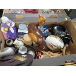 A TRAY OF CERAMICS AND COLLECTABLES TO INCLUDE A HANDMADE WOODEN DUCK FIGURE, NORWEGIAN PEWTER ETC.