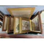 A TRAY OF ASSORTED PICTURES AND PRINTS TO INCLUDE GILT FRAMED TILES ETC.