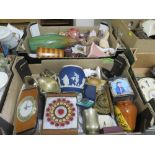 TWO TRAYS OF ASSORTED CERAMICS AND COLLECTABLES TO INCLUDE A WEDGWOOD BLUE DIP JASPERWARE VASE,