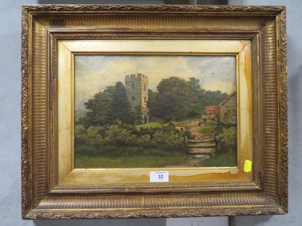 AN ANTIQUE GILT FRAMED OIL ON CANVAS OF A CHURCH AND HOUSE SCENE SIGNED LOWER RIGHT