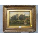 AN ANTIQUE GILT FRAMED OIL ON CANVAS OF A CHURCH AND HOUSE SCENE SIGNED LOWER RIGHT