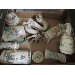A TRAY OF JAPANESE STYLE FLORAL CERAMICS AND A DRAGON FIGURE