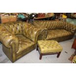 A GREEN LEATHER CHESTERFIELD TOGETHER WITH ARMCHAIR & FOOTSTOOL