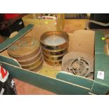 A TRAY OF VINTAGE COPPER LABORATORY TEST SIEVES ETC.