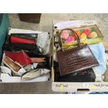 TWO TRAYS OF LADIES AND CHILDRENS VINTAGE FOOTWEAR, BAGS AND ACCESSORIES ETC