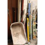 A QUANTITY OF TOOLS TO INCLUDE GARDENING, SPRIT LEVELS ETC TOGETHER WITH A WHEELBARROW