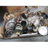 A TRAY OF SILVER PLATED METALWARE ETC. TO INCLUDE TROPHIES
