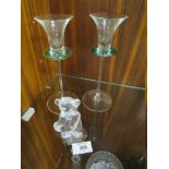 A WATERFORD CRYSTAL TEDDY BEAR FIGURE, TOGETHER WITH A PAIR OF VINTAGE CANDLESTICKS (3)