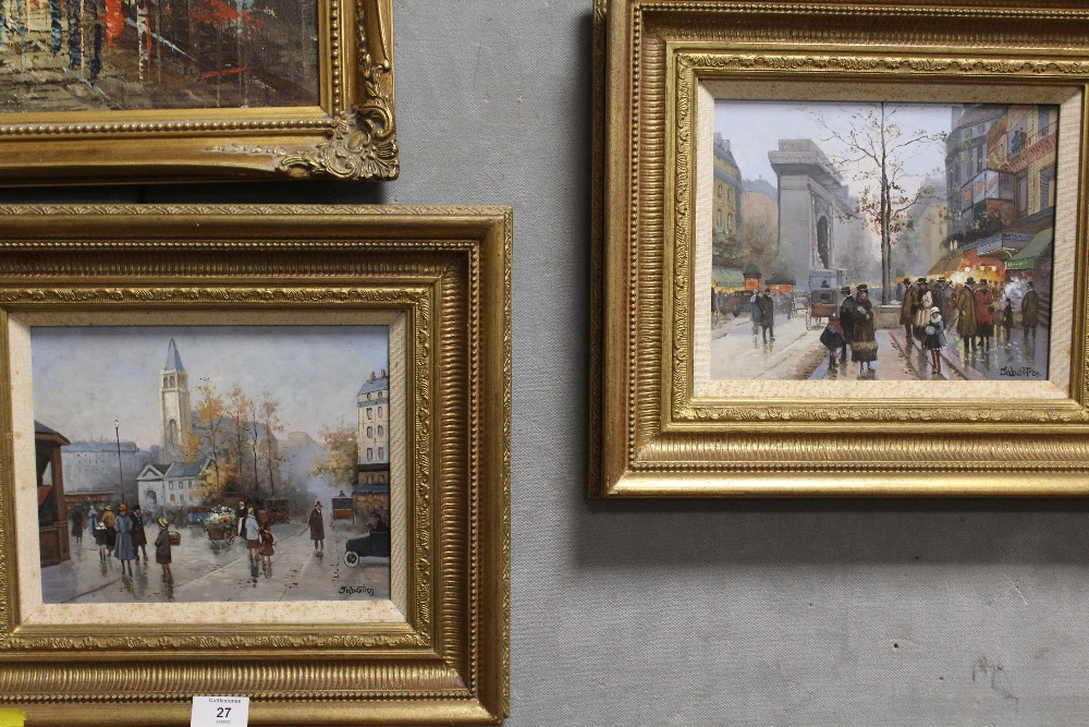 A PAIR OF GILT FRAMED OIL ON BOARD STREET SCENES SIGNED SABESTIEN