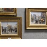 A PAIR OF GILT FRAMED OIL ON BOARD STREET SCENES SIGNED SABESTIEN