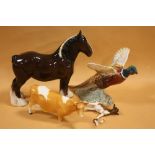 A BESWICK SHIRE MARE TOGETHER WITH THREE OTHER BESWICK FIGURES A/F