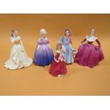 A COLLECTION OF FIVE SMALL ROYAL DOULTON AND COALPORT FIGURINES TO INCLUDE MARIE HN 1370,