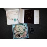 A BOX OF COSTUME JEWELLERY TO INCLUDE A SILVER, TURQUOISE AND PEARL NECKLACE