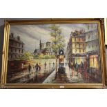 A LARGE GILT FRAMED OIL ON CANVAS DEPICTING A STREET SCENE WITH FIGURES SIGNED D FEATHER