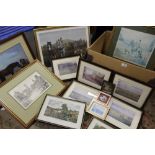 A BOX OF ASSORTED PICTURES AND PRINTS TO INCLUDE HORSE RACING PRINTS, SIGNED LIMITED EDITION HUNTING