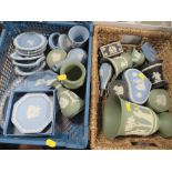 TWO SMALL TRAYS OF ASSORTED WEDGWOOD JASPERWARE TO INCLUDE TRINKET POTS, PIN DISHES, VASES ETC.