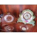 A VINTAGE FLORAL CERAMIC MANTEL CLOCK, TOGETHER WITH AN OAK CASED SMITHS EXAMPLE (2)