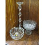 A ROYAL BRIERLEY CRYSTAL FRUIT BOWL, TOGETHER WITH A TALL GLASS CANDLESTICK AND A FOOTED CUT GLASS