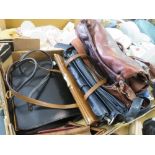 A TRAY OF LADIES LEATHER HANDBAGS ETC.