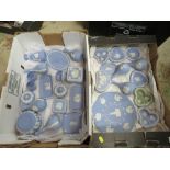 TWO BOXES OF MOSTLY BLUE WEDGWOOD JASPERWARE TO INCLUDE A CABINET PLATE