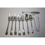 A BAG OF SILVER CAKE FORKS ETC