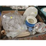 A TRAY OF ASSORTED CERAMICS AND GLASSWARE TO INCLUDE CERAMIC FIGURES, ROYAL DOULTON HOT WATER