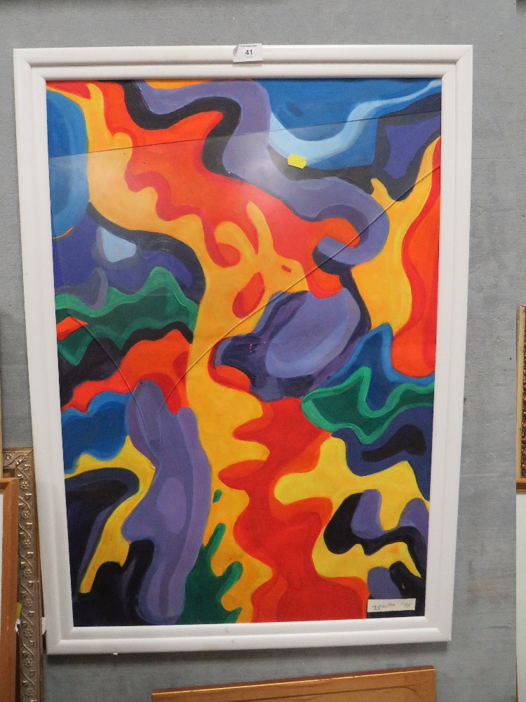 A FRAMED COLOURFUL ABSTRACT PAINTING ON PAPER INDISTINCTLY SIGNED LOWER RIGHT 'J GUETTA';