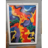 A FRAMED COLOURFUL ABSTRACT PAINTING ON PAPER INDISTINCTLY SIGNED LOWER RIGHT 'J GUETTA';