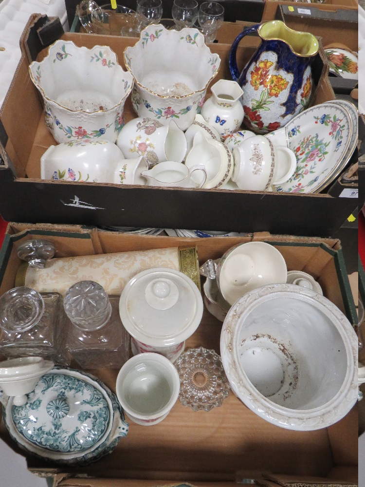 THREE TRAYS OF ASSORTED CERAMICS ETC. TO INCLUDE AYNSLEY, PORTMEIRION, WEDGWOOD, ROYAL WINTON JUG