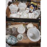 THREE TRAYS OF ASSORTED CERAMICS ETC. TO INCLUDE AYNSLEY, PORTMEIRION, WEDGWOOD, ROYAL WINTON JUG