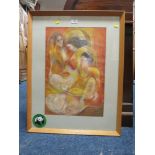 A FRAMED AND GLAZED ABSTRACT MIXED MEDIA PICTURE OF THREE FEMALE FIGURES SIGNED 'ZAINAB' 72